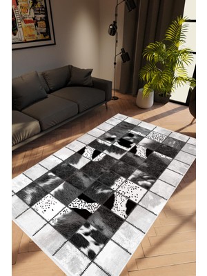 Salon Halısı Eskitme Patchwork Gümüş Siyah Gri Beyaz Kaydırmaz Yıkanabilir Ince Halı Tüysüz Kilim