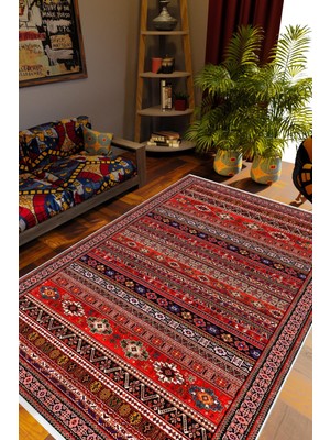 Kilim Desenli Otantik Eskitme Bordo Kaydırmaz Kesme Yıkanabilir Ince Halı