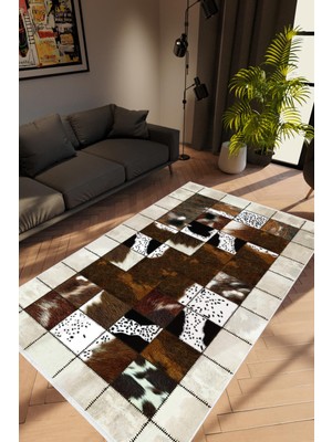 Salon Halısı Modern Patchwork Gri Kahverengi Beyaz Kaydırmaz Yıkanabilir Ince Halı Tüysüz Kilim
