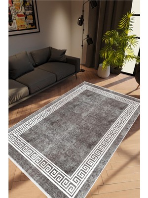 Salon Halısı Doku Eskitme Siyah Gri Kaydırmaz Kesme Yıkanabilir Ince Halı Tüysüz Kilim