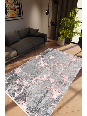 10 Post Online Salon Halısı Modern Çizgili Gri Pembe Kaydırmaz Kesme Yıkanabilir Ince Halı Tüysüz Kilim