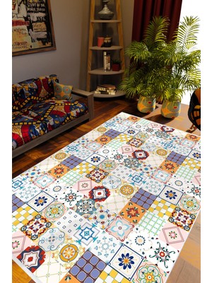 Salon Halısı Otantik Eskitme Patchwork Mor Kaydırmaz Kesme Yıkanabilir Ince Halı Tüysüz Kilim