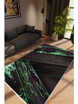 Salon Halısı Modern Yeşil Siyah Gri Kaydırmaz Kesme Yıkanabilir Ince Halı Tüysüz Kilim
