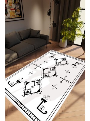 Salon Halısı Modern Geometrik Beyaz Siyah Kaydırmaz Kesme Yıkanabilir Ince Halı Tüysüz Kilim