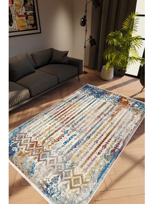 10 Post Online Salon Halısı Modern Retro Mavi Kaydırmaz Kesme Yıkanabilir Ince Halı Tüysüz Kilim