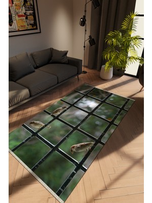 10 Post Online Modern Yeşil Dijital Baskı Halı Kaydırmaz Ince Yıkanabilir