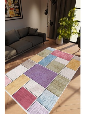 Salon Halısı Modern Patchwork Bej Kaydırmaz Kesme Yıkanabilir Ince Halı Tüysüz Kilim