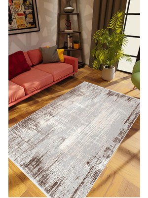 Salon Halısı Modern Eskitme Gri Kahverengi Kaydırmaz Kesme Yıkanabilir Ince Halı Tüysüz Kilim