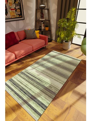 Modern Çizgili Yeşil Dijital Baskı Halı Kaydırmaz Ince Yıkanabilir