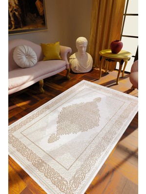 10 Post Online Salon Halısı Klasik Bej Krem Kaydırmaz Kesme Yıkanabilir Ince Halı Tüysüz Kilim