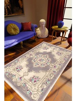 Salon Halısı Figürlü Çiçekli Bej Mor Ekru Turkuaz Kaydırmaz Kesme Yıkanabilir Ince Halı Tüysüz Kilim