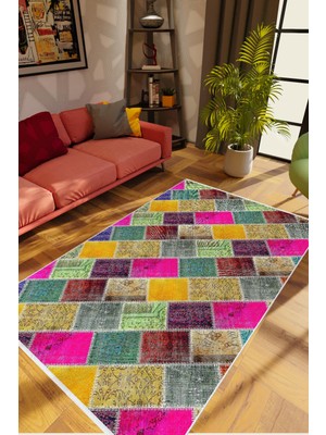 10 Post Online Salon Halısı Modern Patchwork Yeşil Kaydırmaz Kesme Yıkanabilir Ince Halı Tüysüz Kilim
