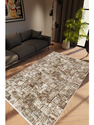 Salon Halısı Modern Patchwork Mozaik Kahverengi Vizon Kaydırmaz Yıkanabilir Ince Halı Tüysüz Kilim