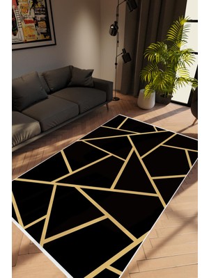 Salon Halısı Modern Altın Gold Kahverengi Siyah Kaydırmaz Yıkanabilir Ince Halı Tüysüz Kilim