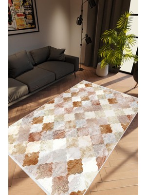 Salon Halısı Modern Geometrik Fas Kahverengi Vizon Kaydırmaz Yıkanabilir Ince Halı Tüysüz Kilim