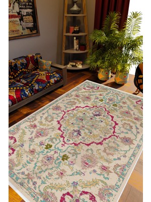 Salon Halısı Otantik Eskitme Ekru Kaydırmaz Kesme Yıkanabilir Ince Halı Tüysüz Kilim