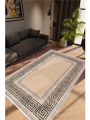 Salon Halısı Doku Eskitme Kahverengi Bej Kaydırmaz Kesme Yıkanabilir Ince Halı Tüysüz Kilim