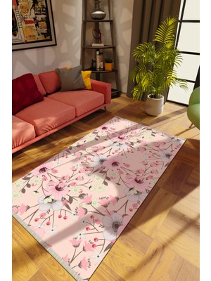 10 Post Online Modern Çiçekli Pembe Dijital Baskı Halı Kaydırmaz Ince Yıkanabilir