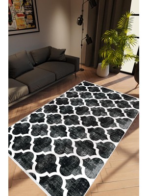 10 Post Online Salon Halısı Modern Geometrik Siyah Krem Kaydırmaz Kesme Yıkanabilir Ince Halı Tüysüz Kilim