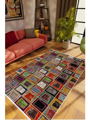 10 Post Online Salon Halısı Modern Patchwork Kahverengi Kaydırmaz Kesme Yıkanabilir Ince Halı Tüysüz Kilim