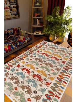 Salon Halısı Kilim Otantik Eskitme Turuncu Kaydırmaz Yıkanabilir Ince Halı Tüysüz Kilim