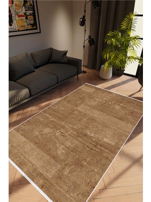Salon Halısı Modern Eskitme Kahverengi Kaydırmaz Kesme Yıkanabilir Ince Halı Tüysüz Kilim
