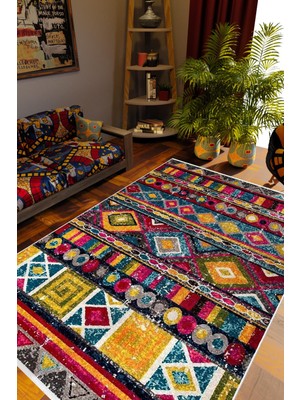 Salon Halısı Kilim Desenli Otantik Eskitme Sarı Kaydırmaz Kesme Yıkanabilir Ince Halı Tüysüz Kilim