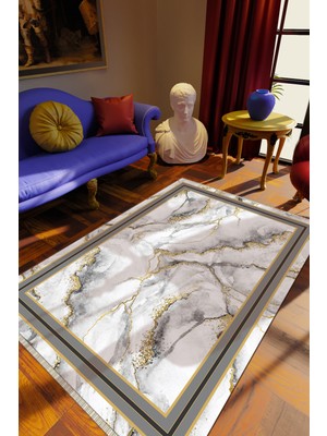 Klasik Gri Dijital Baskı Halı Kaydırmaz Ince Yıkanabilir