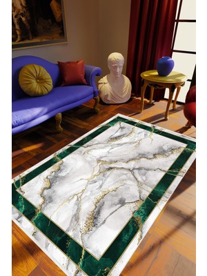 Salon Halısı Eskitme Geometrik Mermer Metalik Gri Yeşil Kaydırmaz Yıkanabilir Ince Halı