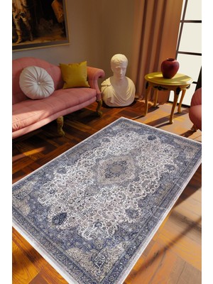 10 Post Online Salon Halısı Klasik Eskitme Gri Indigo Kaydırmaz Kesme Yıkanabilir Ince Halı Tüysüz Kilim