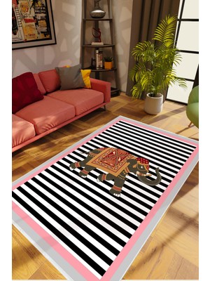 Salon Halısı Modern Figürlü Fil Pembe Siyah Beyaz Kaydırmaz Kesme Yıkanabilir Ince Halı Tüysüz Kilim