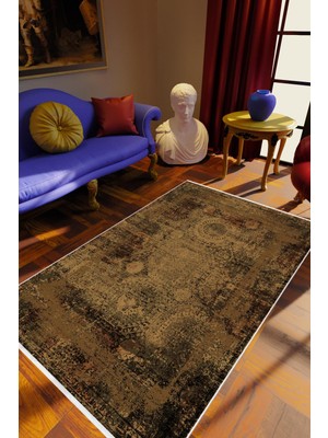 Salon Halısı Klasik Eskitme Kahverengi Siyah Kaydırmaz Kesme Yıkanabilir Ince Halı Tüysüz Kilim