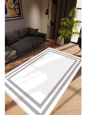 Salon Halısı Modern Çizgili Gri Beyaz Kaydırmaz Kesme Yıkanabilir Ince Halı Tüysüz Kilim