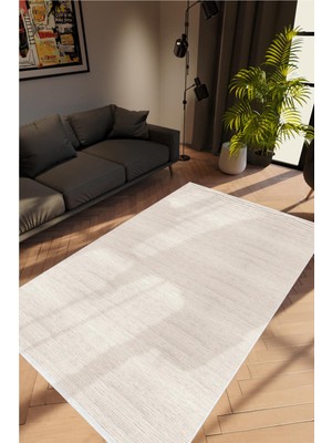Salon Halısı Modern Eskitme Bej Ekru Kaydırmaz Kesme Yıkanabilir Ince Halı Tüysüz Kilim