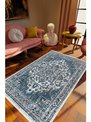 Salon Halısı Klasik Eskitme Lacivert Mavi Gri Krem Kaydırmaz Yıkanabilir Ince Halı Tüysüz Kilim