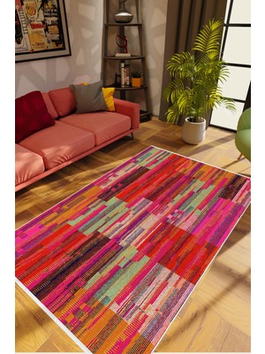 Salon Halısı Pastel Eskitme Pembe Kaydırmaz Kesme Yıkanabilir Ince Halı Tüysüz Kilim
