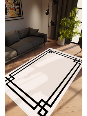 Salon Halısı Modern Çizgili Bej Krem Siyah Kaydırmaz Kesme Yıkanabilir Ince Halı Tüysüz Kilim
