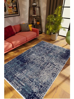 Salon Halısı Modern Eskitme Lacivert Kaydırmaz Kesme Yıkanabilir Ince Halı Tüysüz Kilim