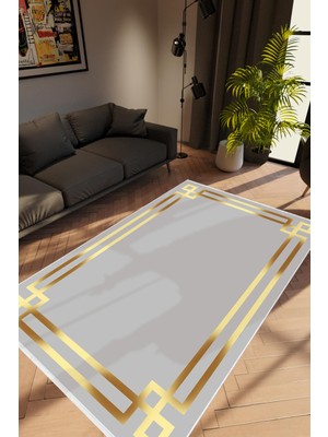 Salon Halısı Modern Çizgili Altın Gri Gold Kaydırmaz Kesme Yıkanabilir Ince Halı Tüysüz Kilim