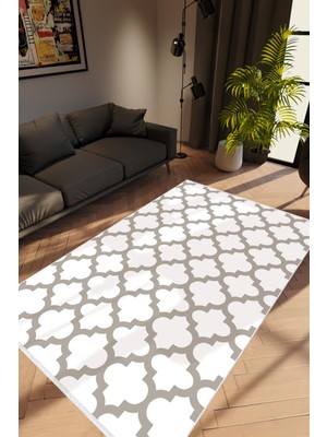 Salon Halısı Modern Geometrik Fas Beyaz Kahverengi Kaydırmaz Yıkanabilir Ince Halı Tüysüz Kilim