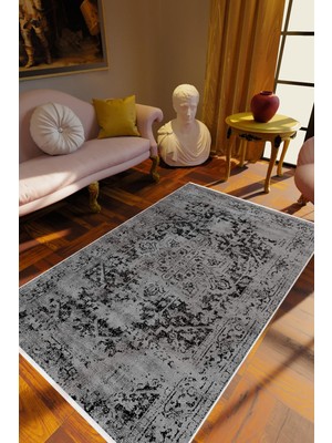 Salon Halısı Klasik Eskitme Gri Kaydırmaz Kesme Yıkanabilir Ince Halı Tüysüz Kilim