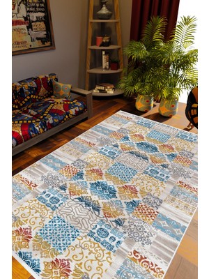 Salon Halısı Otantik Patchwork Mavi Gri Kahverengi Kaydırmaz Yıkanabilir Ince Halı Tüysüz Kilim