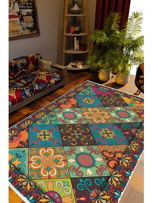 10 Post Online Salon Halısı Otantik Eskitme Patchwork Mavi Kaydırmaz Kesme Yıkanabilir Ince Halı Tüysüz Kilim
