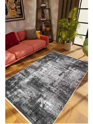 Salon Halısı Modern Eskitme Siyah Gri Kaydırmaz Kesme Yıkanabilir Ince Halı Tüysüz Kilim