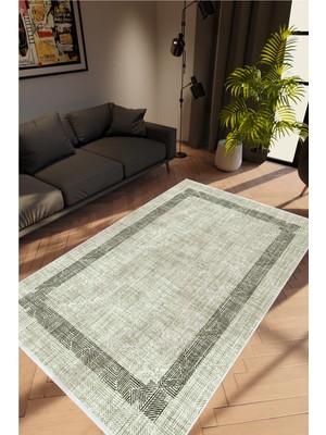 Salon Halısı Doku Eskitme Haki Gri Kaydırmaz Kesme Yıkanabilir Ince Halı Tüysüz Kilim