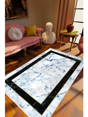 10 Post Online Salon Halısı Eskitme Modern Çerçeve Mermer Mavi Gri Beyaz Siyah Kaydırmaz Yıkanabilir Ince Halı