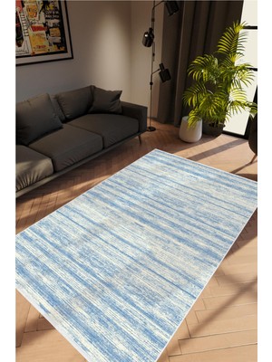 Salon Halısı Modern Eskitme Lacivert Mavi Kaydırmaz Kesme Yıkanabilir Ince Halı Tüysüz Kilim