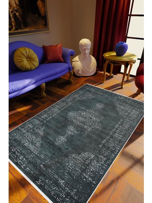 10 Post Online Salon Halısı Klasik Eskitme Lacivert Gri Kaydırmaz Kesme Yıkanabilir Ince Halı Tüysüz Kilim
