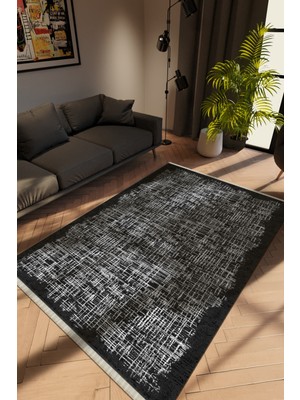 Modern Çizgili Siyah Dijital Baskı Halı Kaydırmaz Ince Yıkanabilir