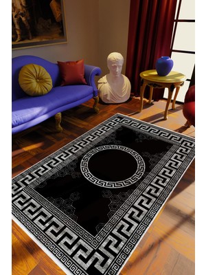 10 Post Online Salon Halısı Klasik Siyah Gri Kaydırmaz Kesme Yıkanabilir Ince Halı Tüysüz Kilim